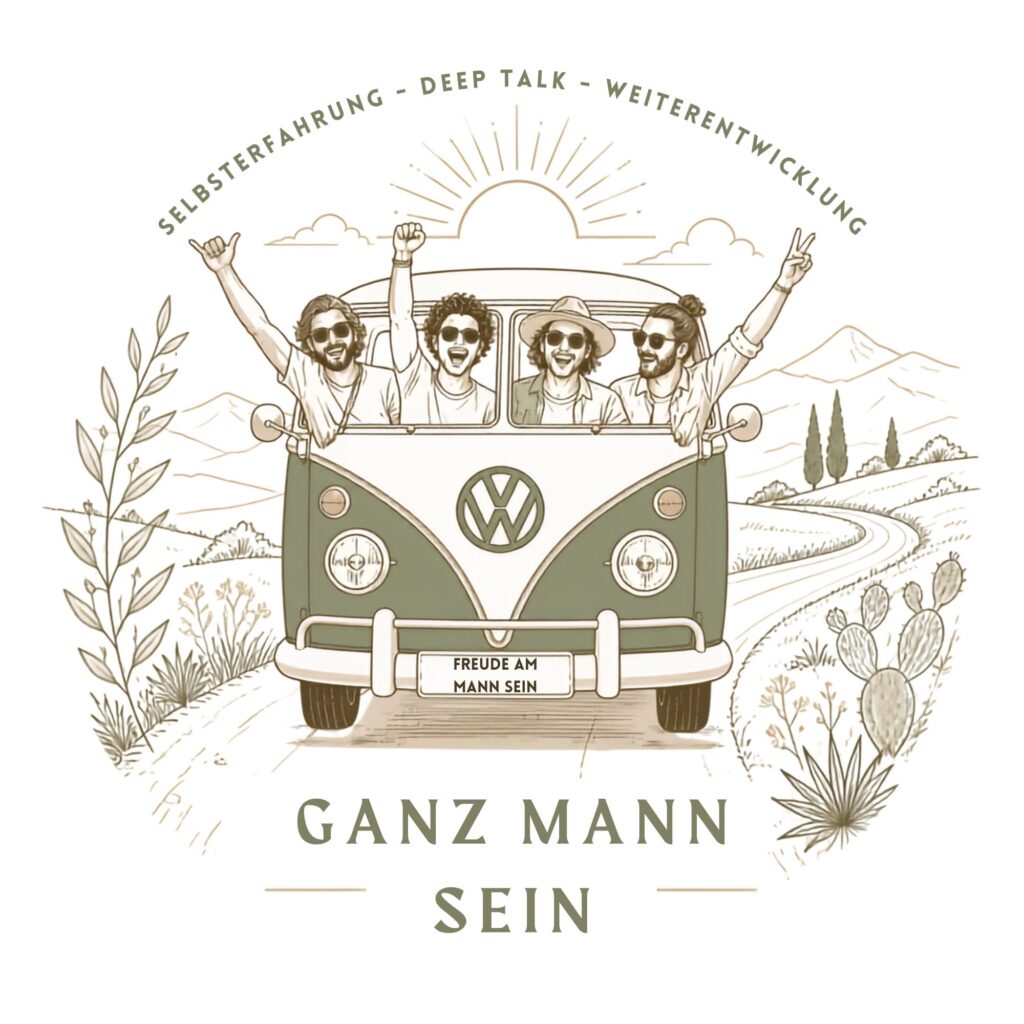 Vier Männer fahren in einem VW-Bus und jubeln.